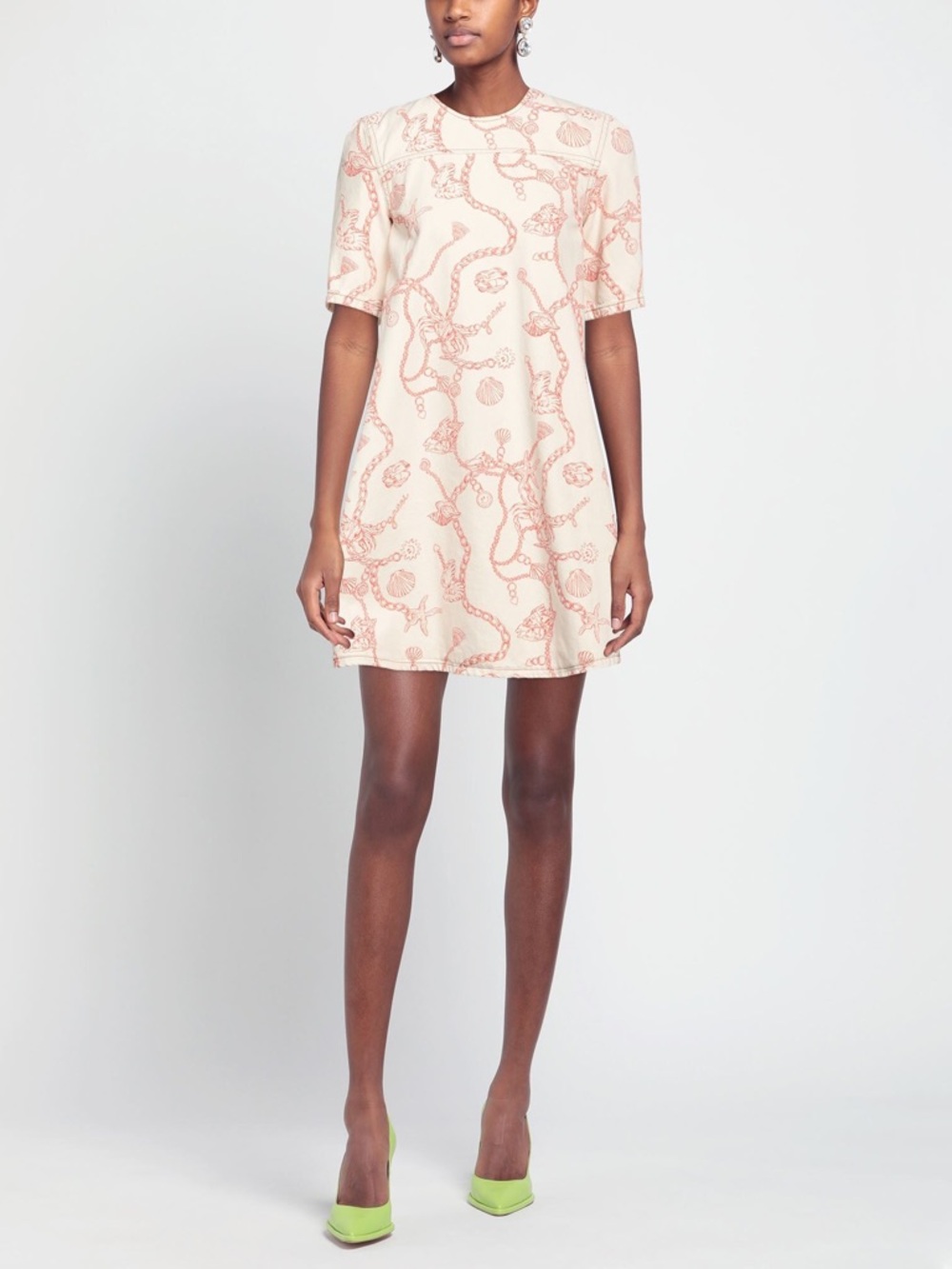 Ganni RARE Lobster Seashell Print Nautical Denim Mini Dress 4 Cream Red Shift - Picture 6 of 16